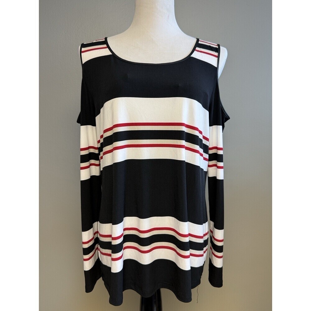Calvin Klein Cold Shoulder Striped Blouse XL Black White Red